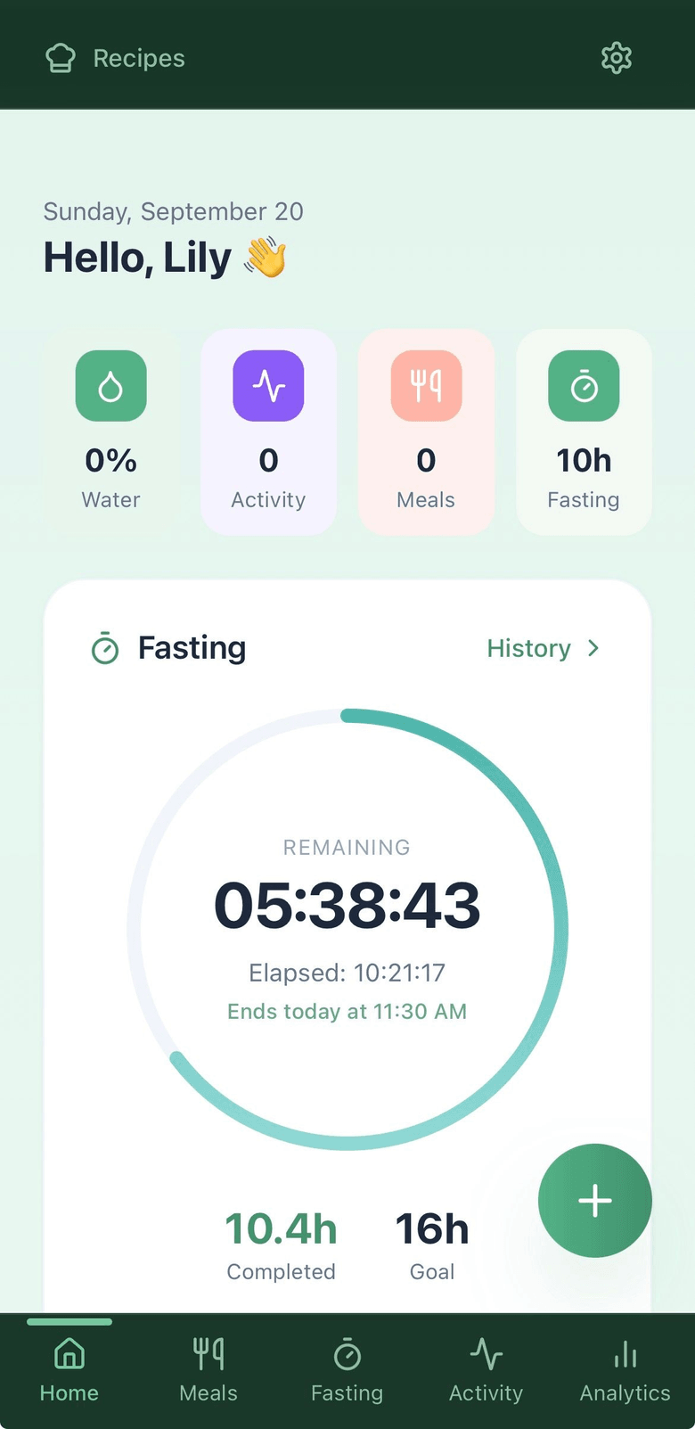 Nourish home screen showing a fasting timer and daily wellness check-ins
